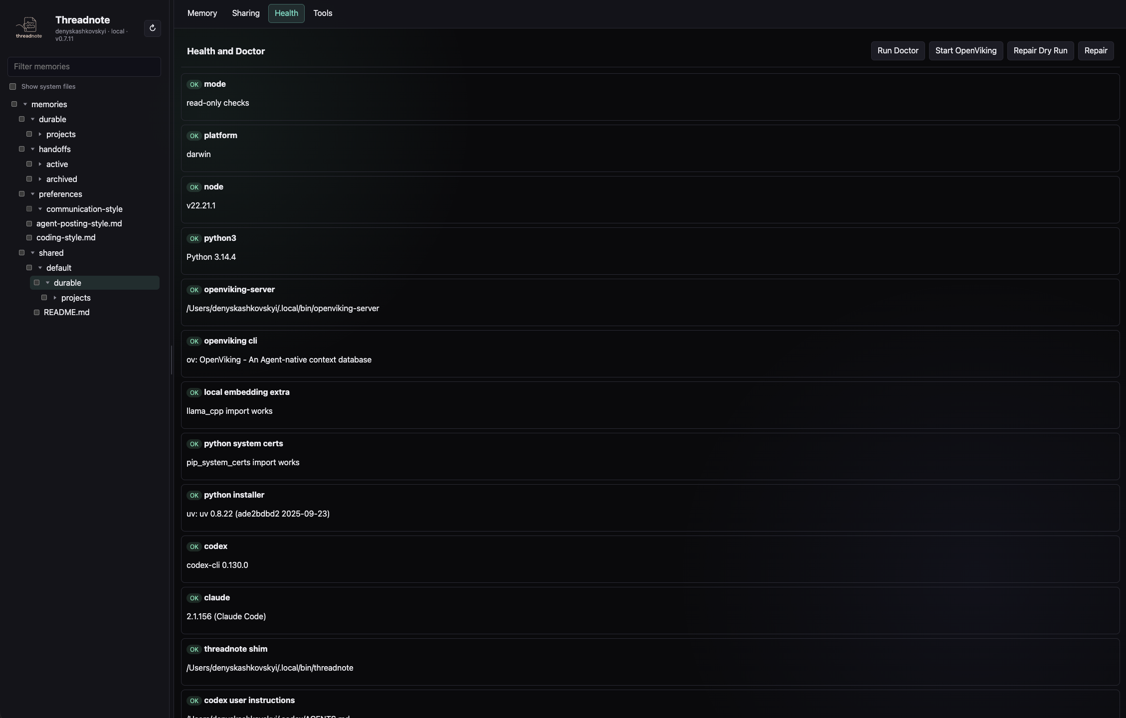Threadnote web manager — Health and Doctor view with the memory tree, Memory / Sharing / Health / Tools tabs, and Run Doctor / Start OpenViking / Repair controls